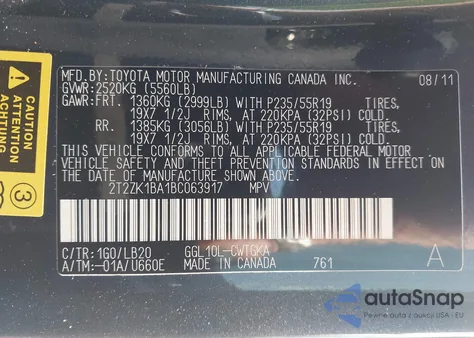 2011 Lexus Rx 350 из США, поврежденный, VIN 2T2ZK1BA1BC063917